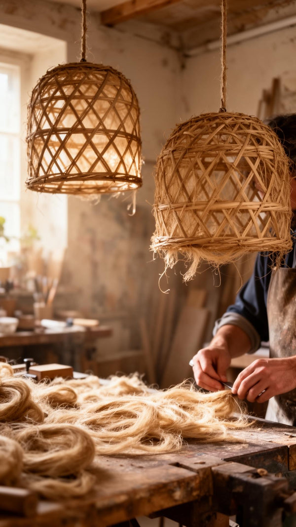 Each lamp is woven by hand from natural sisal. The open cross-weave pattern is built strand by strand