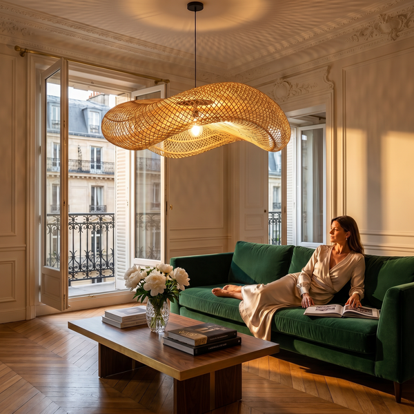A large-format rattan pendant with an sculptural, flowing shape. The open weave casts light in all directions. Sized to anchor a living room